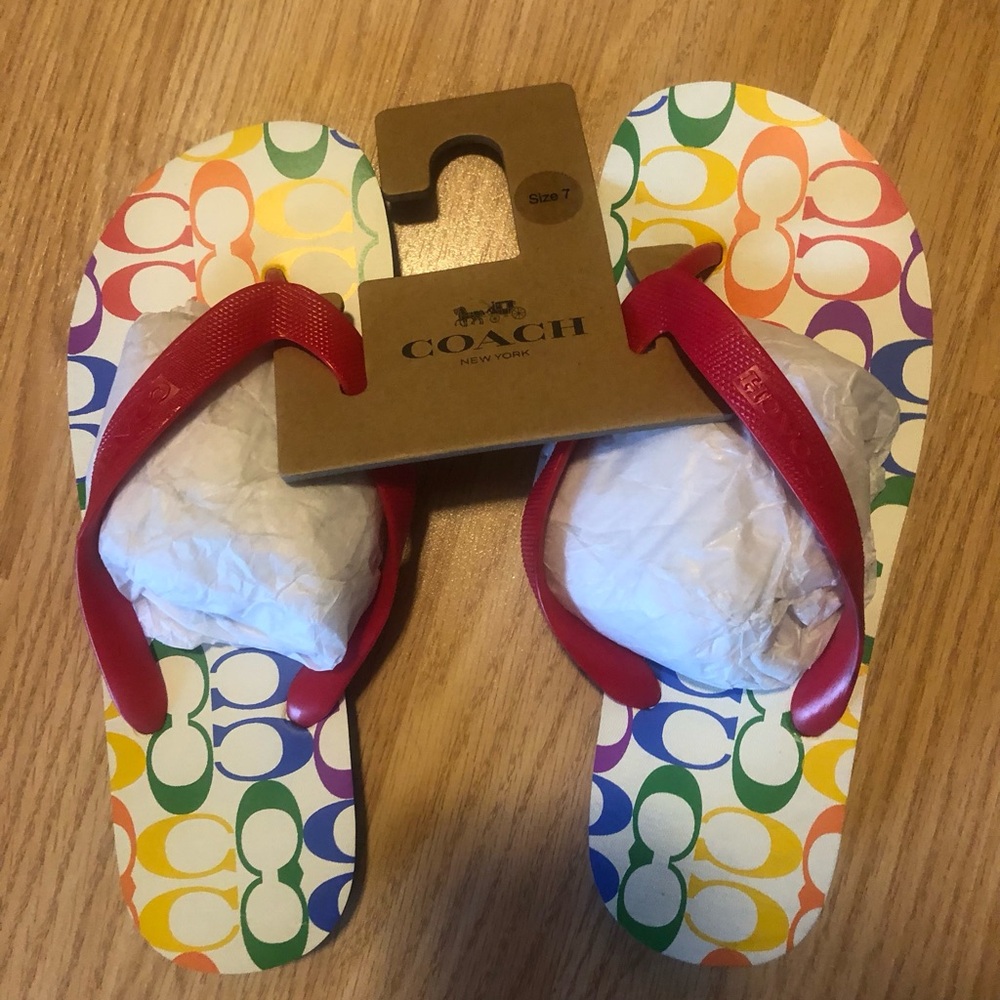 COACH Women’s Rainbow Logo Flip Flops with Red Straps